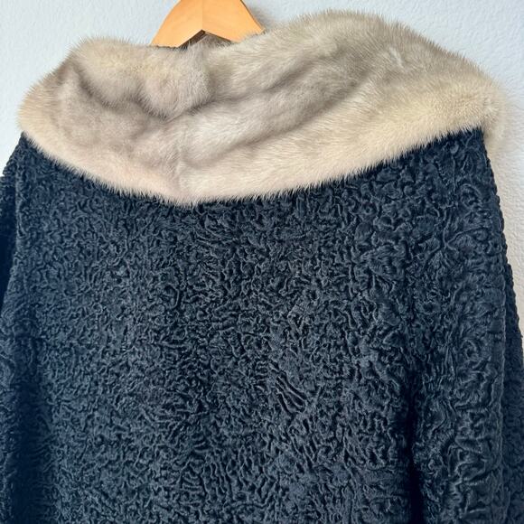 Vintage black curly Persian lamb fur coat genuine fur collar Max Zeller L-XL - Picture 6 of 10